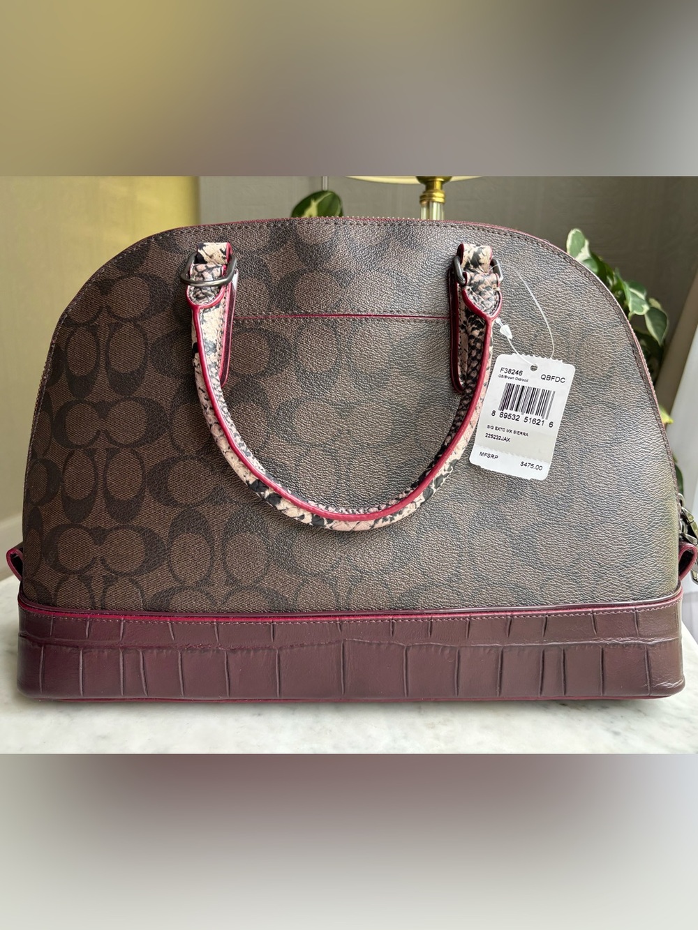 NWT Coach Sierra Burgundy and Brown Signature Dome Satchel with Mixed ExoticTrim - Picture 3 of 16